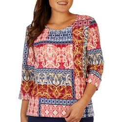 Womens Tile Print Embellished Round Neck 3/4 Sleeve Top
