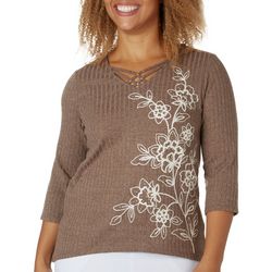 Alfred Dunner Womens Floral Embroidered 3/4 Sleeve Top