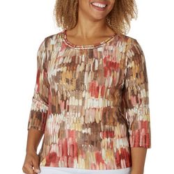 Alfred Dunner Womens Paint Embellished 3/4 Sleeve Top