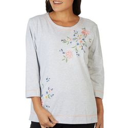 Womens Floral Embroiderd Scoop Neck 3/4 Sleeve Top