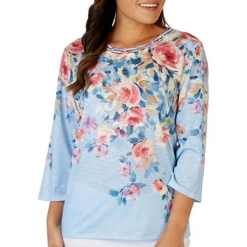 Alfred Dunner Womens Floral Yoke Neck 3/4 Sleeve