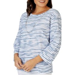 Womens Striped Wave Textured Round Neck 3/4 Sleeve Top