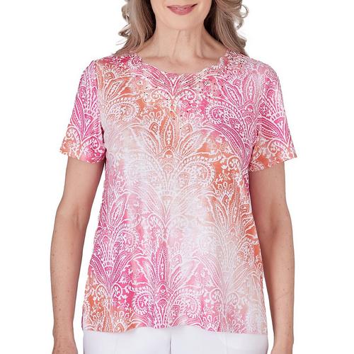 Alfred Dunner Womens Ombre Medallion Short Sleeve Top
