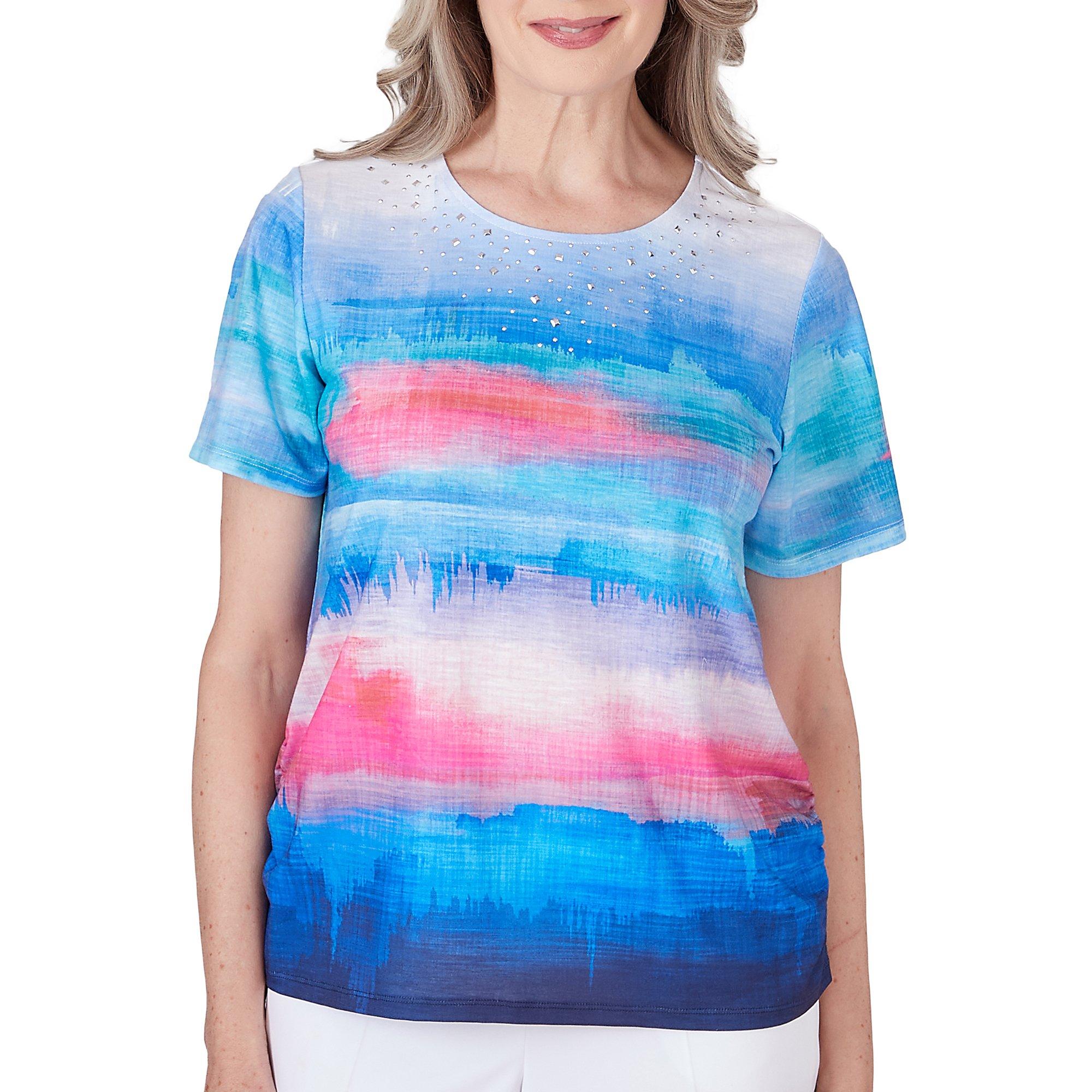 Alfred Dunner Womens Watercolor Stripe Top Short Sleeve Top