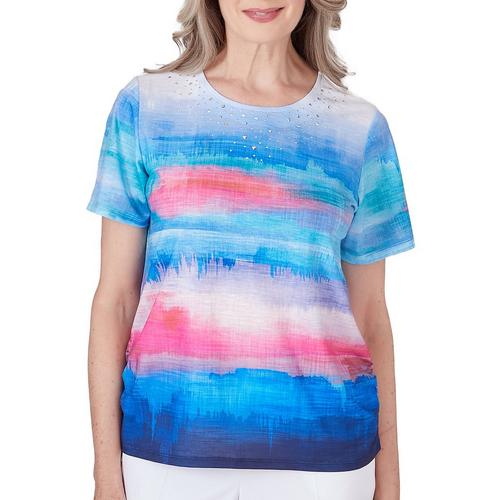 Alfred Dunner Womens Watercolor Stripe Top Short Sleeve