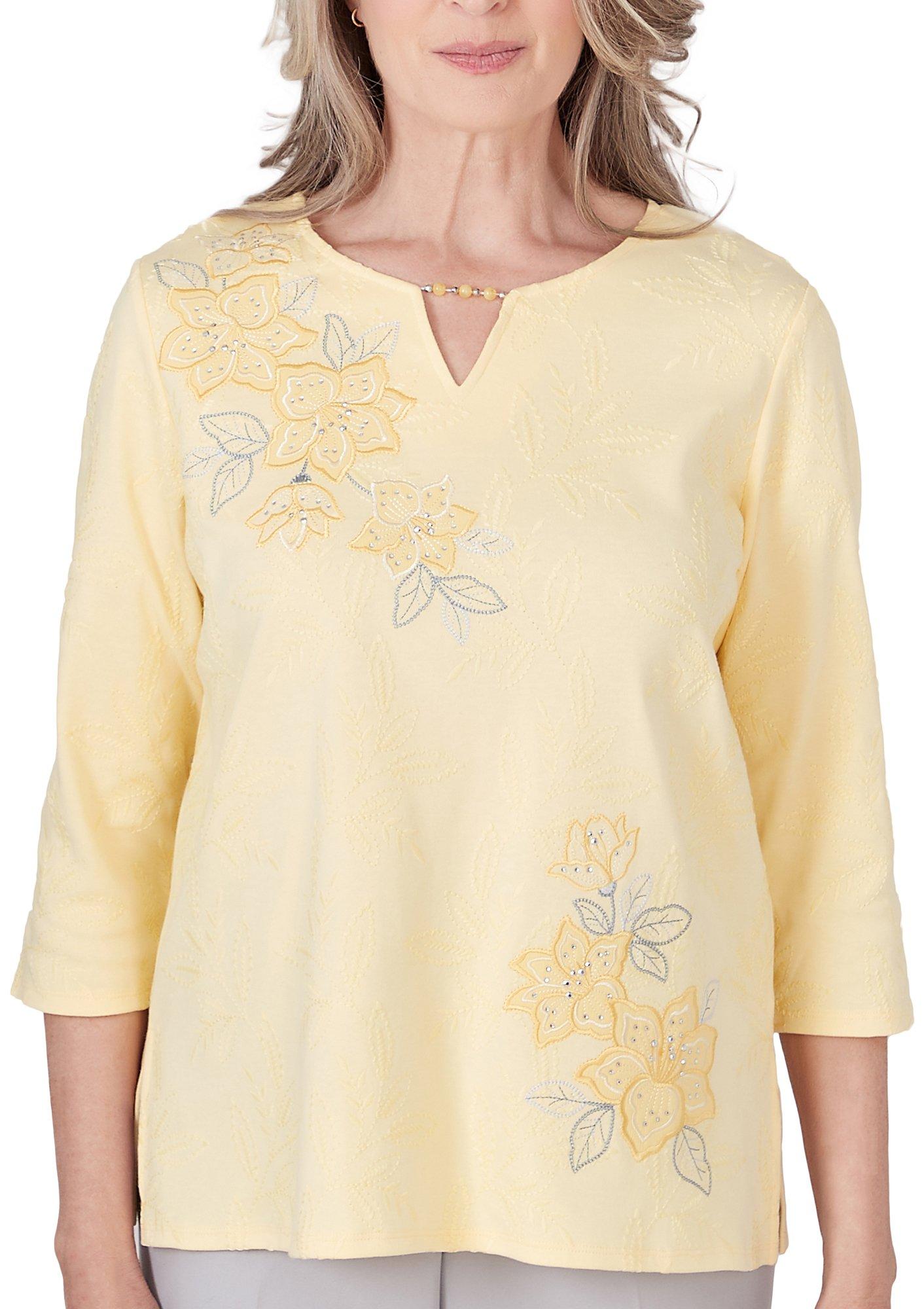 Alfred Dunner Womens 3/4 Floral Embroidery Keyhole Top