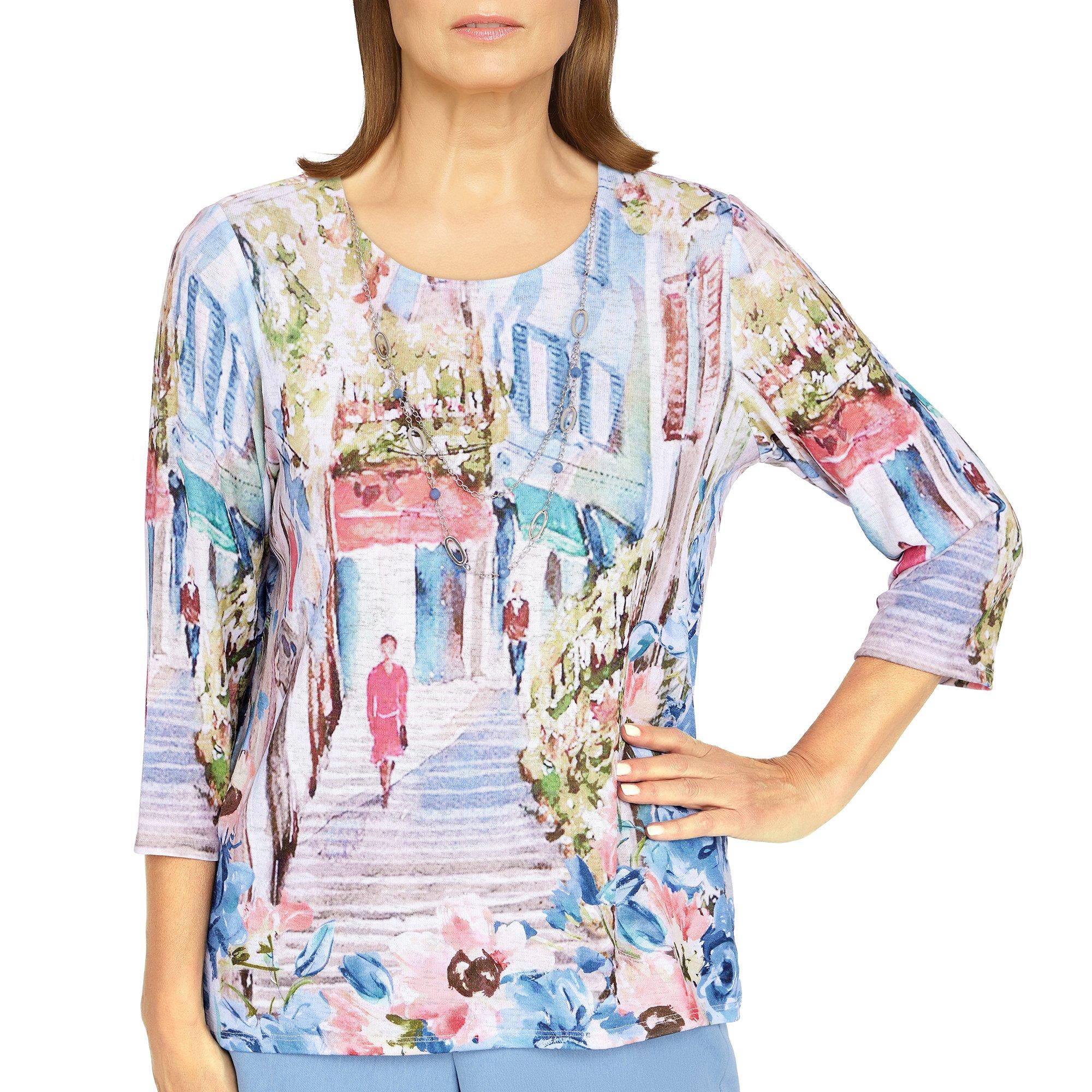 Alfred Dunner Womens Scenic Painting 3/4 Sleeve Top