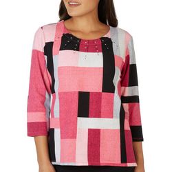 Alfred Dunner Womens Color Block Embellished 3/4 Sleeve Top
