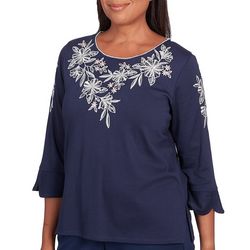 Alfred Dunner Womens Embroidered 3/4 Flutter Sleeve Top
