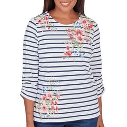 Alfred Dunner Womens Striped Floral 3/4 Sleeve Top