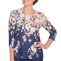 Alfred Dunner Womens Floral Yoke 3/4 Sleeve Top