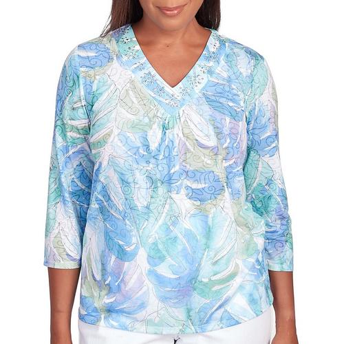 Alfred Dunner Womens Embellished Leaves Print 3/4 Sleeve