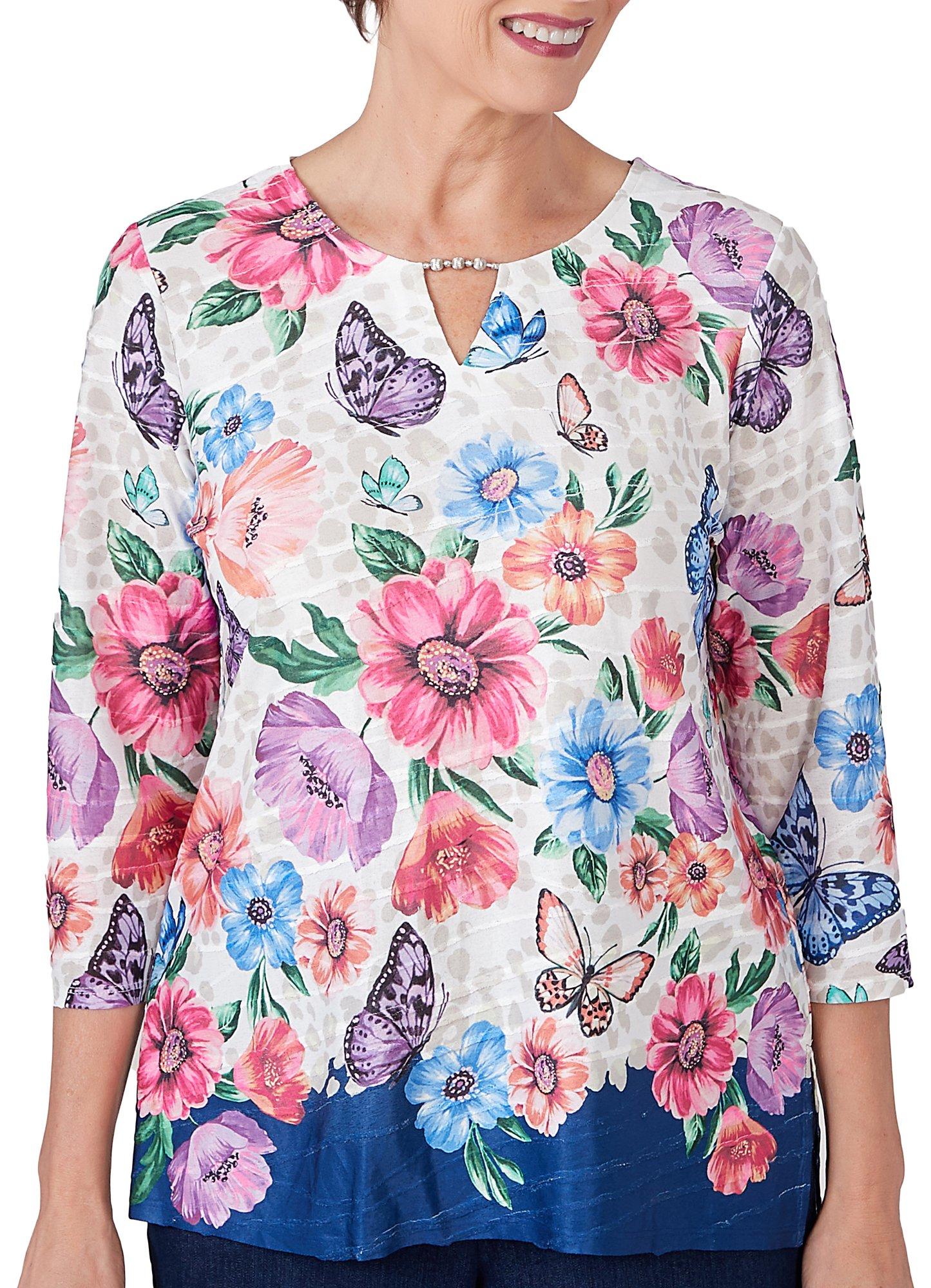 Alfred Dunner Womens Floral Butterfly 3/4 Sleeve Top