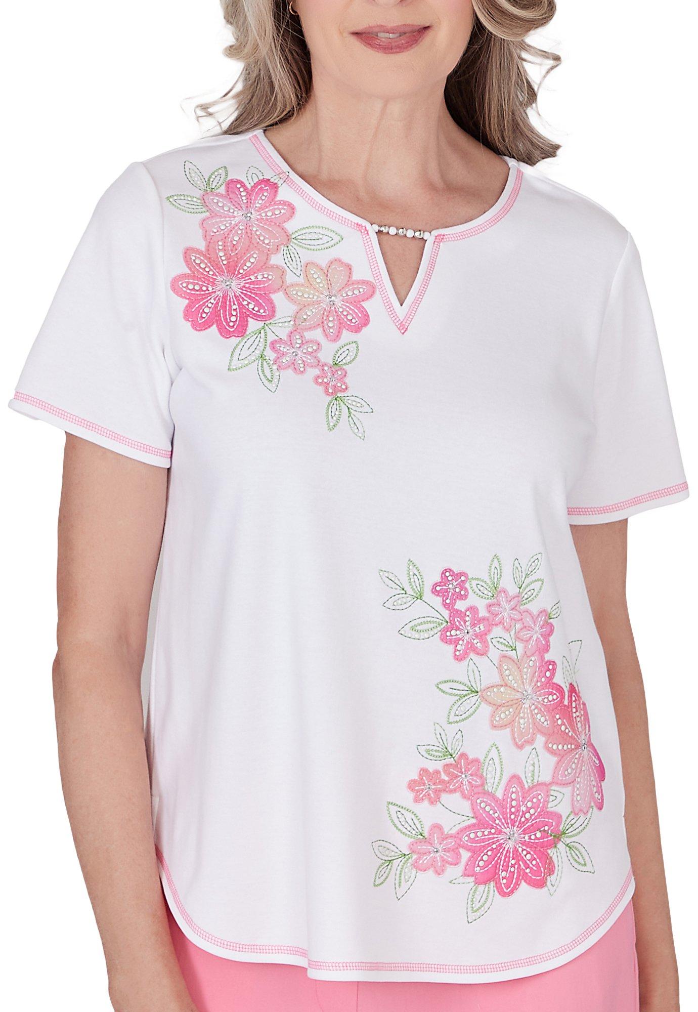 Alfred Dunner Womens Short Sleeve Floral Applique Top