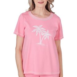 Alfred Dunner Womens Embroidered Palm Tree Short Sleeve Top