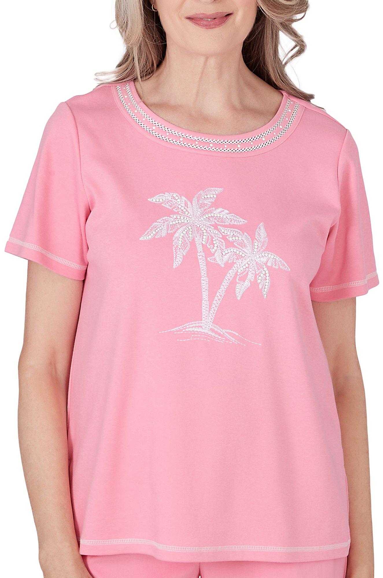 Womens Embroidered Palm Tree Short Sleeve Top