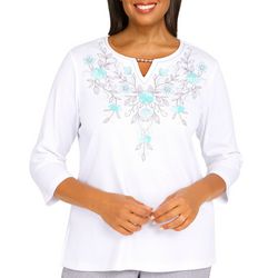 Womens Floral Embroidered Split Neck 3/4 Sleeve Top