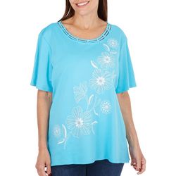 Womens Embellished Embroidered Floral Short Sleeve Top
