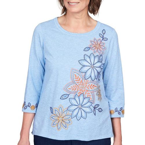 Alfred Dunner Womens Floral Embroidery 3/4 Sleeve Top
