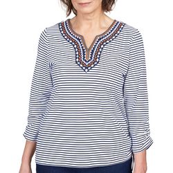 Alfred Dunner Womens Striped Notch Neck 3/4 Sleeve Top