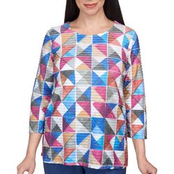 Alfred Dunner Womens Box Print Crew Neck 3/4 Sleeve Top