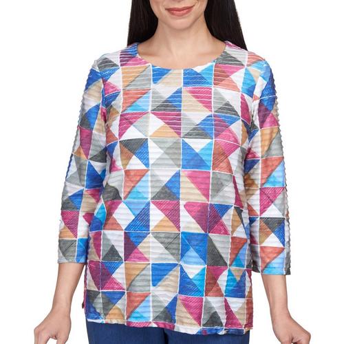 Alfred Dunner Womens Box Print Crew Neck 3/4