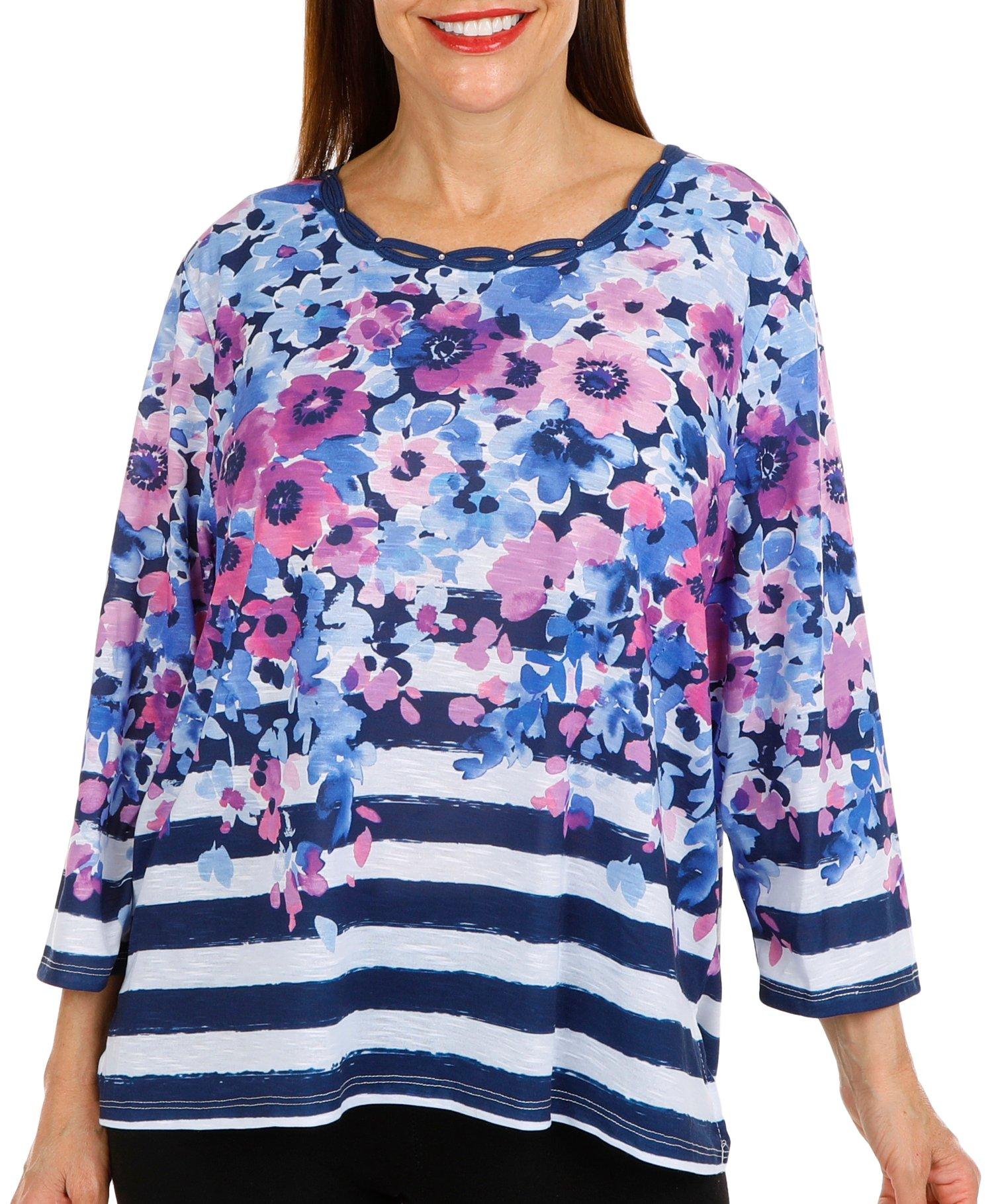 Alfred Dunner Womens Jeweled Floral 3/4 Sleeve Top