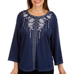 Womens Embroidered Floral Pattern 3/4 Sleeve Top
