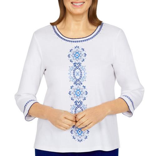 Alfred Dunner Womens Floral Embroidered 3/4 Sleeve Top