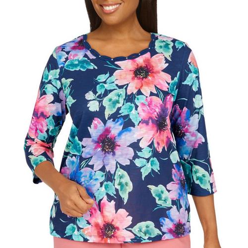Alfred Dunner Womens Watercolor Floral 3/4 Sleeve Top