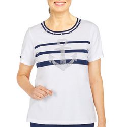 Alfred Dunner Womens Embellished Anchor Short Sleeve Top