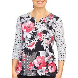 Alfred Dunner Womens Floral Patchwork 3/4 Sleeve Top