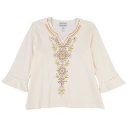 Alfred Dunner Women's Embroidered 3/4 Sleeve Top
