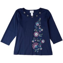 Alfred Dunner Women's Side Floral Embroidered 3/4 Sleeve Top