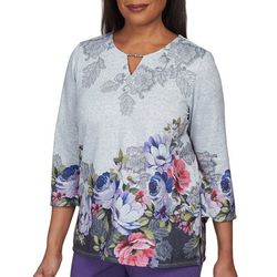 Alfred Dunner Womens Floral Keyhole 3/4 Sleeve Top