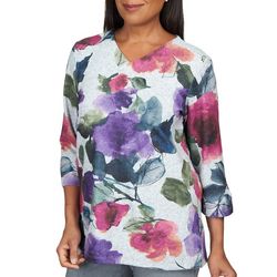 Alfred Dunner Womens Floral V-Neck 3/4 Sleeve Top