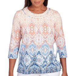 Alfred Dunner Womens Medallion Ombre 3/4 Sleeve Top