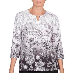 Womens Ombre Brocade Keyhole 3/4 Sleeve Top