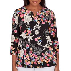 Alfred Dunner Womens Floral Beaded Keyhole 3/4 Sleeve Top