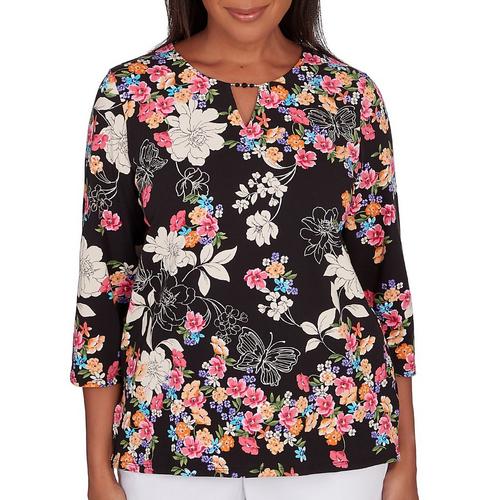 Alfred Dunner Womens Floral Beaded Keyhole 3/4 Sleeve