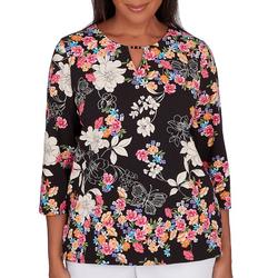 Womens Floral Beaded Keyhole 3/4 Sleeve Top