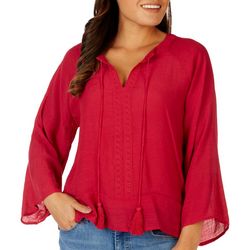 Counterparts Womens Solid V Neck Tassel Lace 3/4 Sleeve Top