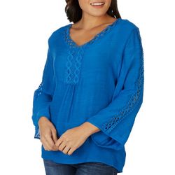 Counterparts Womens Solid V Neck Lace Trim 3/4 Sleeve Top