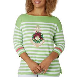 Cabana Cay Womens Anchor Wreath Stripe Embroidered Sweater