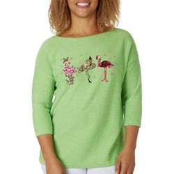 Womens Solid Christmas Flamingos Embroidered Sweater