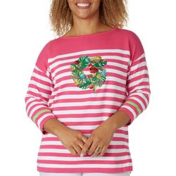 Cabana Cay Womens Flamingo Wreath Stripe Embroidered Sweater