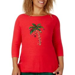 Cabana Cay Womens Solid Christmas Palm Embroidered Sweater