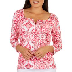 Sunny Leigh Womens Floral Damask Split Neck Top
