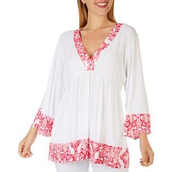 Sunny Leigh Womens Floral Damask Trim V-Neck Top
