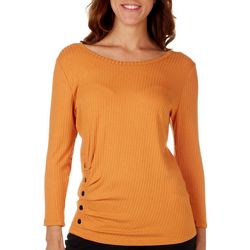 Sunny Leigh Womens Ribbed Scoop Neck 3/4 Sleeve Button Top